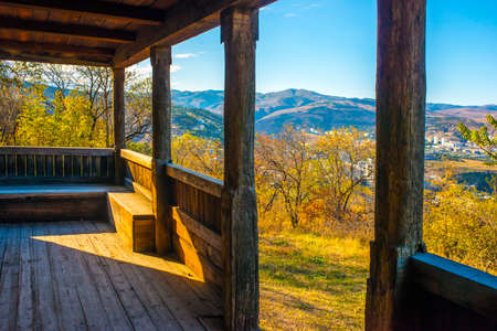 Picturesque mountain view from terrace in autumnの写真素材
