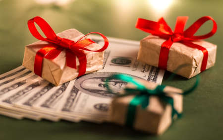 Gift boxes and US dollar billsの写真素材