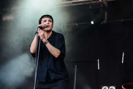 BARCELONA - MAY 23, 2013 - England post-punk rock band Savages performs at Primavera Sound 2013 Festival on May 23, 2013 in Barcelona, Spain.のeditorial素材
