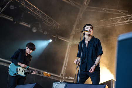 BARCELONA - MAY 23, 2013 - England post-punk rock band Savages performs at Primavera Sound 2013 Festival on May 23, 2013 in Barcelona, Spain.のeditorial素材