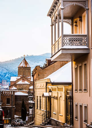 Winter street view in in the historical centre of Tbilisi, Georgiaの写真素材