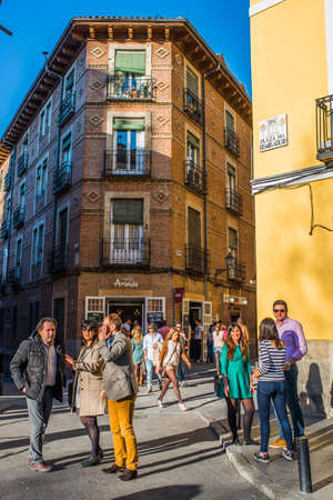 MADRID, SPAIN - MARCH 12: Old street near La Latina metro station with few cafe in March 12, 2014 in Madrid, Spain. It is old centre of capital cityのeditorial素材