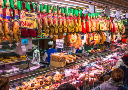 MADRID, SPAIN - MARCH 12: Well known bar and market Museo de Jamon in March 12, 2014 in Madrid, Spain. Jamon (Spanish word for ham) traditional meat in spanish cuisine.のeditorial素材