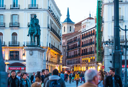 MADRID, SPAIN - MARCH 12: Unidentified people walk over the Puerta del Sol in March 12, 2014 in Madrid, Spain. Puerta del Sol is the centre of the radial network of Spanish roads.のeditorial素材