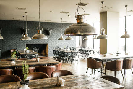Interior of modern restaurant. Picture toned in retro styleのeditorial素材