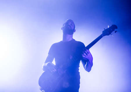MOSCOW, RUSSIA - MAY 16, 2014 - British indie-rock band White Lies performs at Ray Just Arena club...