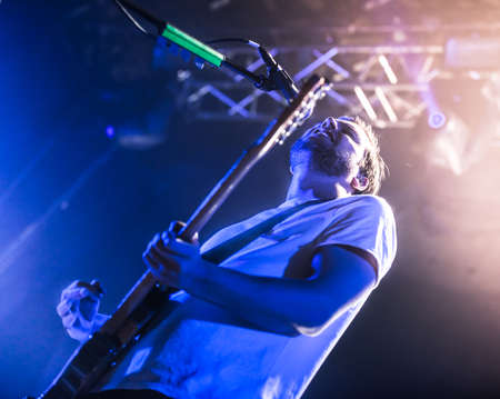 MOSCOW, RUSSIA - MAY 16, 2014 - British indie-rock band White Lies performs at Ray Just Arena club...