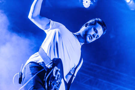 MOSCOW, RUSSIA - MAY 16, 2014 - British indie-rock band White Lies performs at Ray Just Arena club on May 16, 2014 in Moscowのeditorial素材