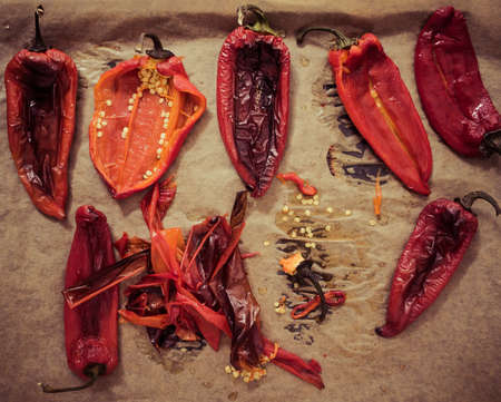 Owen-baked red paprika peppers with garlic and olive oil. Toned pictureの写真素材