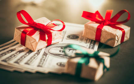 Gift boxes and US dollar bills. Toned pictureの写真素材