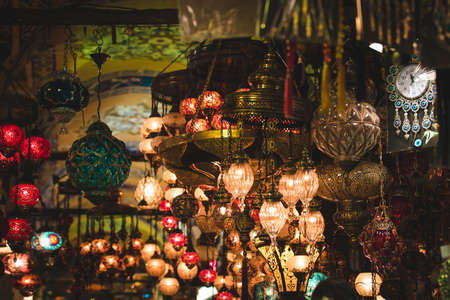 Hanging lanterns on sale inside the Grand Bazaar in Istanbul, Turkey. Toned image.の写真素材