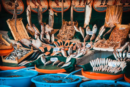 ISTANBUL, TURKEY, October, 26, 2014: Different kinds of fresh fish on sale at a fish market in Istanbul, Turkey.のeditorial素材