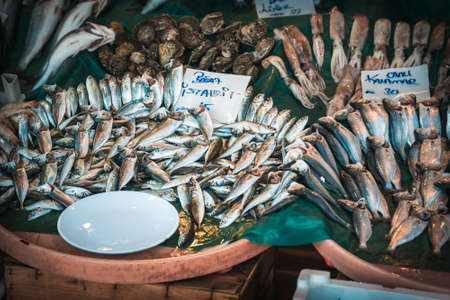 ISTANBUL, TURKEY, October, 26, 2014: Different kinds of fresh fish on sale at a fish market in Istanbul, Turkey.のeditorial素材