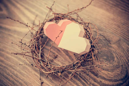 Two pink paper hearts in a small nest on wooden background. Toned pictureの写真素材