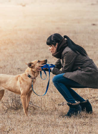 Pretty girl wailking with her dogの写真素材