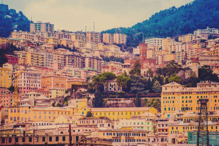 Beautiful view of city of Genoa, Luguria region, Italy. Toned imageの写真素材