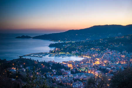 View of town Rapallo from mountain at the evening, Italyの写真素材