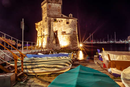 Night view of Rapallo, the medieval castle on the sea. Travel destination near Genoa, Liguria region, Italyのeditorial素材