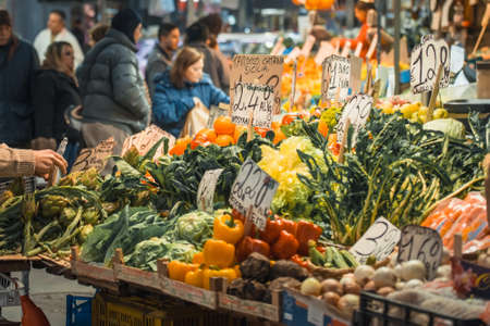 GENOA, ITALY - FEBRUARY 23, 2015: Fresh fruits and vegetables for sale in Mercato Orientale, famous...