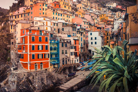 Riomaggiore is one of five famous colorful villages of Cinque Terre in Italyの写真素材