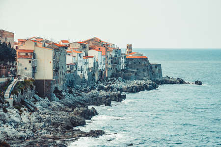 View on old houses in Cefalu. Sicily island, Italy. Toned imageの写真素材