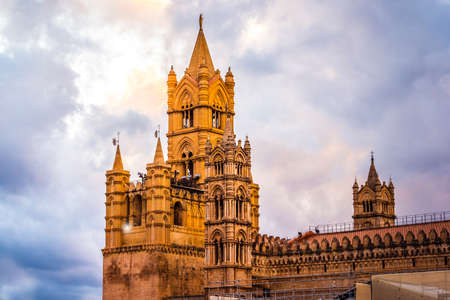 Cathedral or Duomo at dusk in Palermo, Sicily island, Italyの写真素材