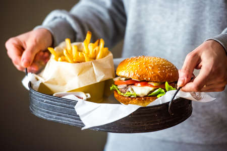 Set of classic american cheese burger and french fries in handsの写真素材