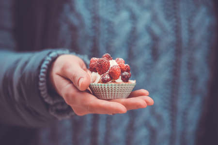 Small cake with strawberry in hand. Toned imageの写真素材