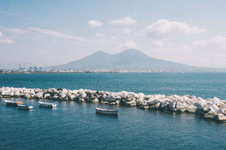 The view on the mount and volcano Vesuvius in the Gulf of Naples, Italy. Toned imageの写真素材