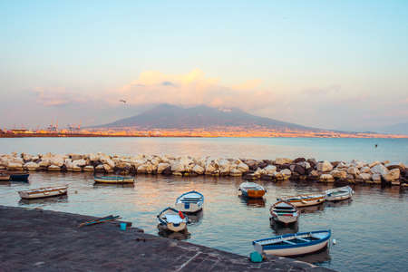 The view on the mount and volcano Vesuvius in evening in the Gulf of Naples, Italyの写真素材