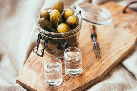 Pickled cucumbers in a small jar and two vodka  shotsの写真素材