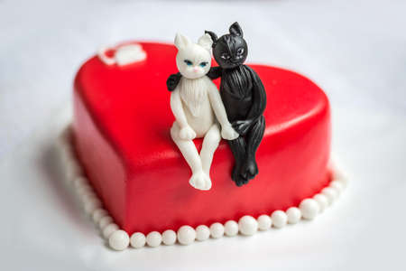 Heart shaped cake with two cats in love on white backgroundの写真素材
