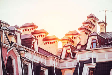 Old town, Vozdvizhenska and Honcharna street in Kiev, Ukraine. Toned pictureの写真素材