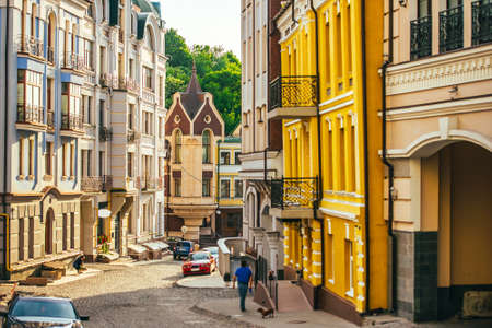 Old town, Vozdvizhenska and Honcharna street in Kiev, Ukraineの写真素材