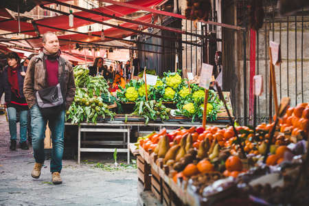 PALERMO, ITALY - MARCH 13, 2015:  Grocery shop at famous local market Ballaro in Palermo, Italyのeditorial素材