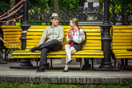 KIEV (KYIV), UKRAINE - MAY 26, 2015: Young ukrainian people in traditional clothes Vyshyvanka in Kiev,のeditorial素材