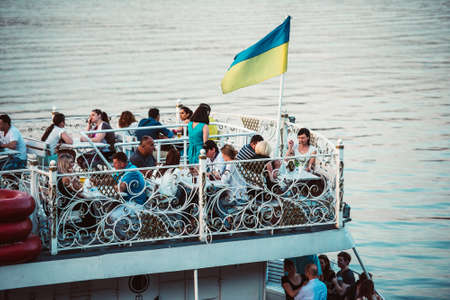 KIEV (KYIV), UKRAINE - MAY 25, 2015: Tourist boat on the Drepr (Dnieper) river in Kiev, Ukraineのeditorial素材