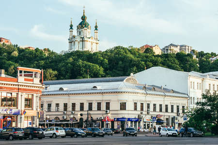 KIEV (KYIV), UKRAINE - MAY 25, 2015: View on Kontraktova Square and The St Andrew's Church on the hill in Kiev, Ukraineのeditorial素材