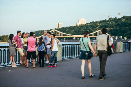 KIEV (KYIV), UKRAINE - MAY 25, 2015: People walking by the embankment of Dnepr (Dnieper) river in Kiev, Ukraineのeditorial素材