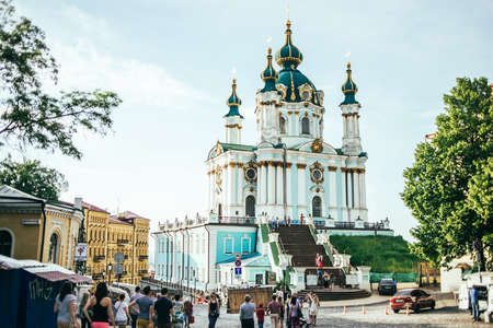 KIEV (KYIV), UKRAINE - MAY 25, 2015:  The St Andrew's Church, situated on a steep hill, on the top of Andrew's Descentのeditorial素材