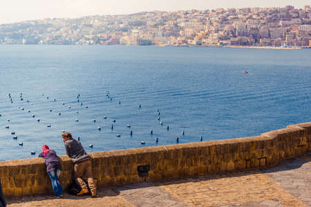 NAPLES, ITALY - MARCH 19, 2015: View on the city of Naples from Castel dell'Ovo (Egg Castle) a medieval fortress in Naples, Italyのeditorial素材