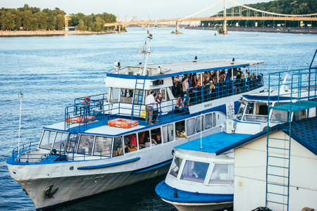 KIEV (KYIV), UKRAINE - MAY 25, 2015: Tourist boat on the Drepr (Dnieper) river in Kiev, Ukraineのeditorial素材