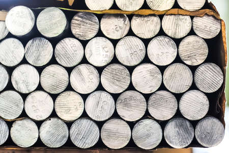 MOSCOW, RUSSIA - CIRCA MAY, 2011: Stacked aluminum rods in russian smelting plant Alfa-Metal, based in Moscow, Russiaのeditorial素材