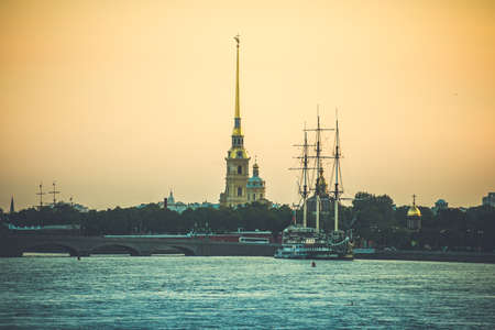 White night view of Paul and Peter (Petropavlovskaya) fortress in Saint Petersburg, Russia. Toned imageの写真素材