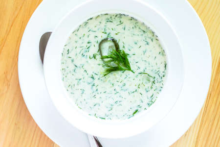 Tarator, bulgarian summer cold sour milk and cucumbers soupの写真素材