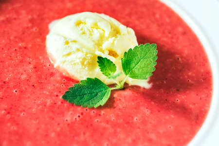 Cold summer dessert -strawberry soup with vanilla ice creamの写真素材