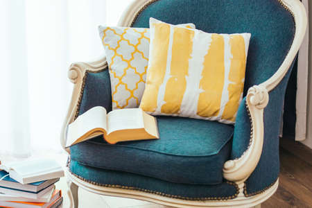 Cozy armchair with open book and decorative pillows. Interior and home decor conceptの写真素材
