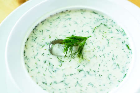 Tarator, bulgarian summer cold sour milk and cucumbers soupの写真素材