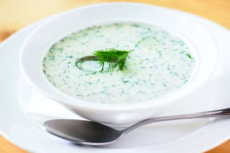 Tarator, bulgarian summer cold sour milk and cucumbers soupの写真素材