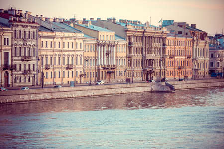 Embankment of Neva river in Saint Petersburg, Russia. Toned imageの写真素材